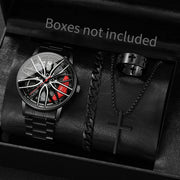 4PCS/Set Fashion 3D Car Wheel Dial Men Sports Watch Luxury Men's Stainless Steel Band Quartz Watches Jewelry Set(Without Box)