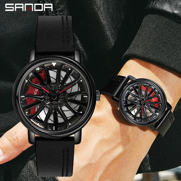 Hot Sell Fashion Men Quartz WristWatch Creative 360 Degree Rotating Car Wheel Quartz Watch Leather Waterproof Rim Hub Clock Men - Luxury Watch