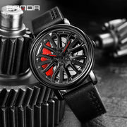 Hot Sell Fashion Men Quartz WristWatch Creative 360 Degree Rotating Car Wheel Quartz Watch Leather Waterproof Rim Hub Clock Men