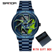 SANDA P1088 Man Trend Watch Steel Band Waterproof Watch Premium Quartz Movement Car Wheel Shaped Rotating Dial Relogio Masculino