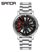 Hot Sell Fashion Men Quartz WristWatch Creative 360 Degree Rotating Car Wheel Quartz Watch Leather Waterproof Rim Hub Clock Men
