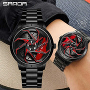 SANDA P1088 Man Trend Watch Steel Band Waterproof Watch Premium Quartz Movement Car Wheel Shaped Rotating Dial Relogio Masculino