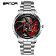 SANDA P1088 Man Trend Watch Steel Band Waterproof Watch Premium Quartz Movement Car Wheel Shaped Rotating Dial Relogio Masculino