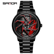 SANDA P1088 Man Trend Watch Steel Band Waterproof Watch Premium Quartz Movement Car Wheel Shaped Rotating Dial Relogio Masculino
