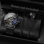 4PCS/Set Fashion 3D Car Wheel Dial Men Sports Watch Luxury Men's Stainless Steel Band Quartz Watches Jewelry Set（Without Box）