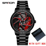 SANDA P1088 Man Trend Watch Steel Band Waterproof Watch Premium Quartz Movement Car Wheel Shaped Rotating Dial Relogio Masculino