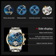 OELVS 6678 Men's Watches Luxury Original Automatic Mechanical Tourbillon Watch for Man Waterproof Luminous Date Week Moon Phase