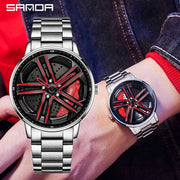 Mens  Fashion Watches SANDA Steel Waterproof Sport Quartz Watch Men Creative Design 360 Rotating Car Wheel Dial watch Relogio