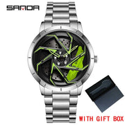 SANDA P1088 Man Trend Watch Steel Band Waterproof Watch Premium Quartz Movement Car Wheel Shaped Rotating Dial Relogio Masculino