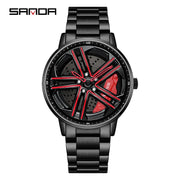 Mens  Fashion Watches SANDA Steel Waterproof Sport Quartz Watch Men Creative Design 360 Rotating Car Wheel Dial watch Relogio