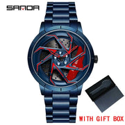 SANDA P1088 Man Trend Watch Steel Band Waterproof Watch Premium Quartz Movement Car Wheel Shaped Rotating Dial Relogio Masculino