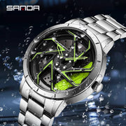 SANDA P1088 Man Trend Watch Steel Band Waterproof Watch Premium Quartz Movement Car Wheel Shaped Rotating Dial Relogio Masculino