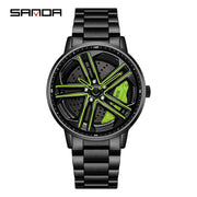 Mens  Fashion Watches SANDA Steel Waterproof Sport Quartz Watch Men Creative Design 360 Rotating Car Wheel Dial watch Relogio