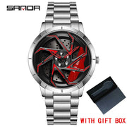 SANDA P1088 Man Trend Watch Steel Band Waterproof Watch Premium Quartz Movement Car Wheel Shaped Rotating Dial Relogio Masculino