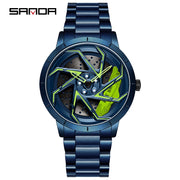 SANDA P1088 Man Trend Watch Steel Band Waterproof Watch Premium Quartz Movement Car Wheel Shaped Rotating Dial Relogio Masculino