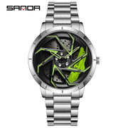 SANDA P1088 Man Trend Watch Steel Band Waterproof Watch Premium Quartz Movement Car Wheel Shaped Rotating Dial Relogio Masculino