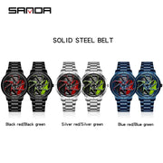 SANDA P1088 Man Trend Watch Steel Band Waterproof Watch Premium Quartz Movement Car Wheel Shaped Rotating Dial Relogio Masculino