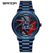 SANDA P1088 Man Trend Watch Steel Band Waterproof Watch Premium Quartz Movement Car Wheel Shaped Rotating Dial Relogio Masculino