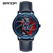 SANDA P1088 Man Trend Watch Steel Band Waterproof Watch Premium Quartz Movement Car Wheel Shaped Rotating Dial Relogio Masculino