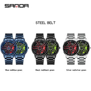 Mens  Fashion Watches SANDA Steel Waterproof Sport Quartz Watch Men Creative Design 360 Rotating Car Wheel Dial watch Relogio