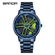 Mens  Fashion Watches SANDA Steel Waterproof Sport Quartz Watch Men Creative Design 360 Rotating Car Wheel Dial watch Relogio