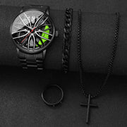 4PCS/Set Fashion 3D Car Wheel Dial Men Sports Watch Luxury Men's Stainless Steel Band Quartz Watches Jewelry Set（Without Box）