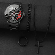 4PCS/Set Fashion 3D Car Wheel Dial Men Sports Watch Luxury Men's Stainless Steel Band Quartz Watches Jewelry Set（Without Box）