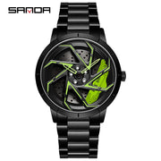 SANDA P1088 Man Trend Watch Steel Band Waterproof Watch Premium Quartz Movement Car Wheel Shaped Rotating Dial Relogio Masculino
