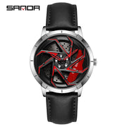 SANDA P1088 Man Trend Watch Steel Band Waterproof Watch Premium Quartz Movement Car Wheel Shaped Rotating Dial Relogio Masculino
