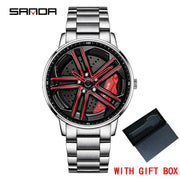 Mens  Fashion Watches SANDA Steel Waterproof Sport Quartz Watch Men Creative Design 360 Rotating Car Wheel Dial watch Relogio