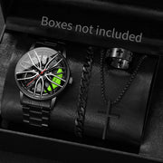 4PCS/Set Fashion 3D Car Wheel Dial Men Sports Watch Luxury Men's Stainless Steel Band Quartz Watches Jewelry Set（Without Box）