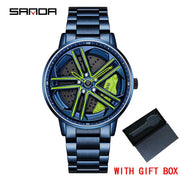 Mens  Fashion Watches SANDA Steel Waterproof Sport Quartz Watch Men Creative Design 360 Rotating Car Wheel Dial watch Relogio