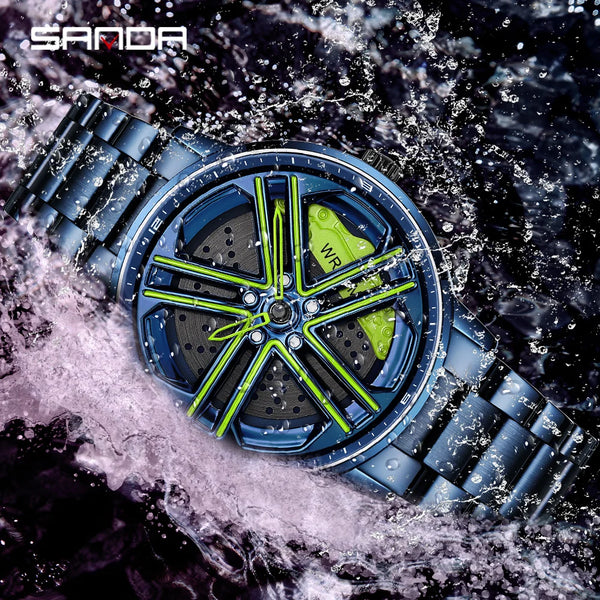 Mens  Fashion Watches SANDA Steel Waterproof Sport Quartz Watch Men Creative Design 360 Rotating Car Wheel Dial watch Relogio - Luxury Watch