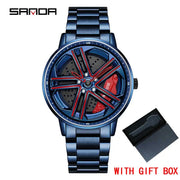 Mens  Fashion Watches SANDA Steel Waterproof Sport Quartz Watch Men Creative Design 360 Rotating Car Wheel Dial watch Relogio