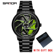 SANDA P1088 Man Trend Watch Steel Band Waterproof Watch Premium Quartz Movement Car Wheel Shaped Rotating Dial Relogio Masculino