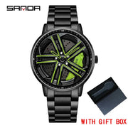 Mens  Fashion Watches SANDA Steel Waterproof Sport Quartz Watch Men Creative Design 360 Rotating Car Wheel Dial watch Relogio
