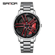 Mens  Fashion Watches SANDA Steel Waterproof Sport Quartz Watch Men Creative Design 360 Rotating Car Wheel Dial watch Relogio